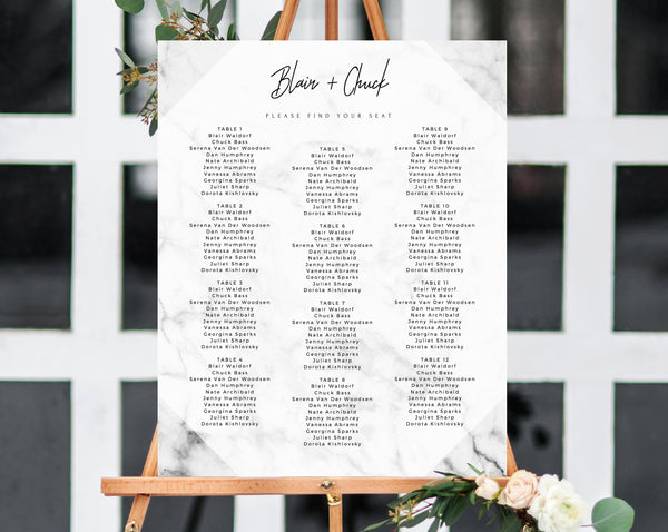 INSTANT DOWNLOAD Wedding Seating Chart, Marble Seating Chart Printable, Wedding Seating Board, Marble Table Sign, Templett, W07