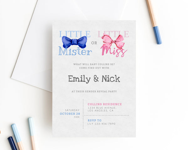 INSTANT DOWNLOAD Gender Reveal Party Invitation, Printable Gender Reveal, Little Mister or Miss Reveal Party Invite, He or She, Templett