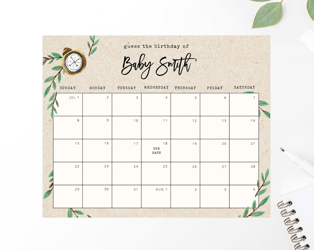 Due Date Calendar Template Adventure Awaits Baby Shower Calendar Baby Due Date Game Printable Guess The Due Date Predictions Templett