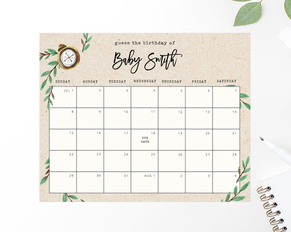 Due Date Calendar Template, Adventure Awaits Baby Shower Calendar, Baby Due Date Game, Printable Guess The Due Date, Predictions, Templett