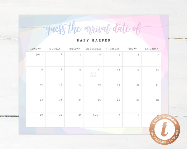 Due Date Calendar Template, Baby Shower Calendar, Baby Due Date Game, Printable Baby Birthday Predictions, Guess The Due Date,  Templett
