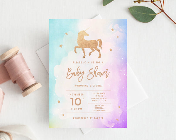 INSTANT DOWNLOAD Baby Shower Invitation Template, Printable Baby Shower, Unicorn Baby Shower, Gold Unicorn Birthday Invitation, Templett