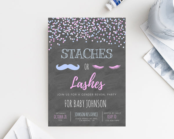 INSTANT DOWNLOAD Gender Reveal Party Invitation Template, Printable Gender Reveal, Staches or Lashes Invitation, He or She, Templett
