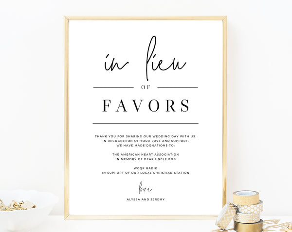In Lieu of Favors Sign Template, Printable In Lieu of Favors Sign, Editable In Lieu of Favors Sign, Wedding Donation Sign, Templett, W14