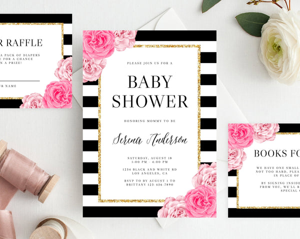 INSTANT DOWNLOAD Baby Shower Invitation, Birthday Party Invite, Black and White Stripes, Kate Inspired, Printable Invitation, Templett