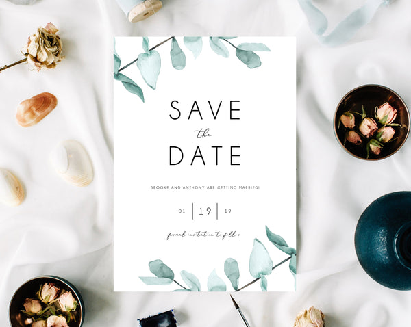 INSTANT DOWNLOAD Save the Date, Watercolor Greenery Save the Date Template, Save the Date, Eucalyptus Leaves Save the Date, Templett, W21