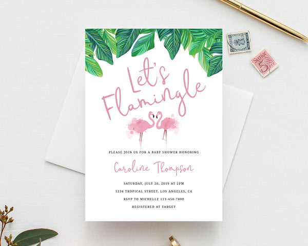 INSTANT DOWNLOAD Baby Shower Invitation Template, Tropical Baby Shower Invitations, Let's Flamingle, Beach Themed, Templett