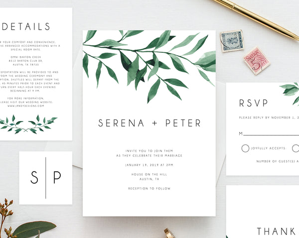 Wedding invitation template, Printable Wedding Invitation Suite, Watercolor Floral Wedding Invitation Set, Greenery, Leaves, Templett, W20B