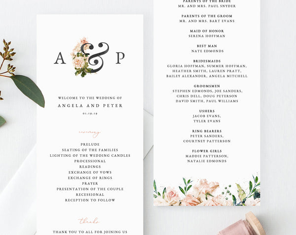 Floral Wedding Program Template, Printable Wedding Program, Blush Wedding Program, Editable Ceremony Programs, Instant, Templett, W22
