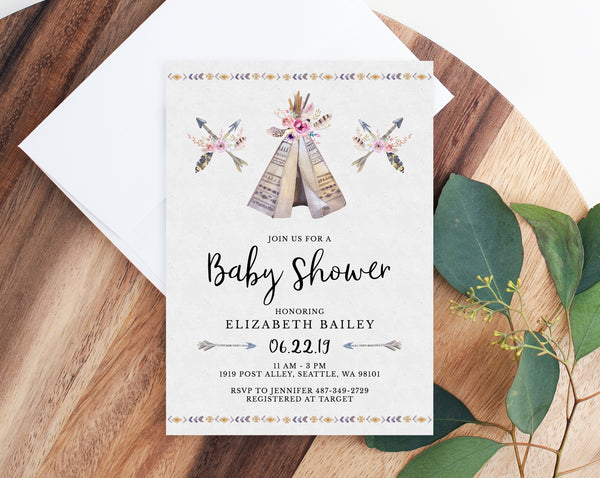 Editable Boho Baby Shower Invitation Template, Printable Baby Shower Invitations, Boho Themed Baby Shower, Instant Download, Templett