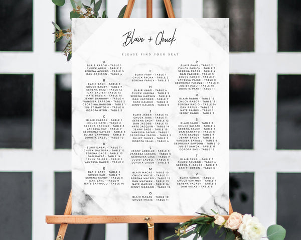 INSTANT DOWNLOAD Alphabetical Wedding Seating Chart, Marble Seating Chart Printable, Wedding Seating Board, Marble Table Sign, Templett, W07