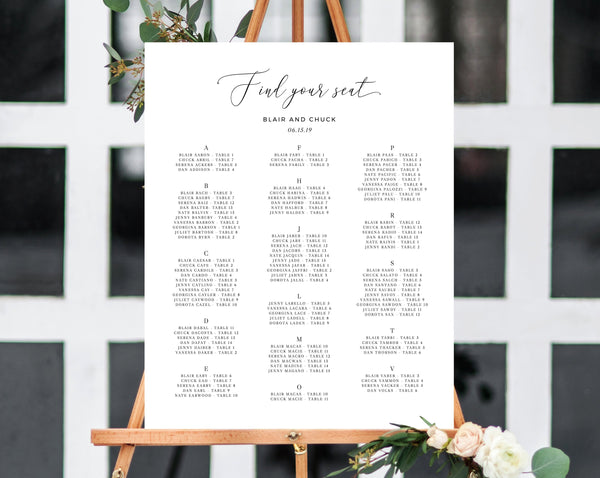 Alphabetical Wedding Seating Chart Template, Seating Chart Printable, Table Chart, Seating Board, Wedding Sign, Templett, W15