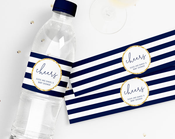 Navy and Gold Water Bottle Label Template, Baby Shower Water Bottle Label Sticker, Editable Label Template, Baby Shower Favor, Templett, B03