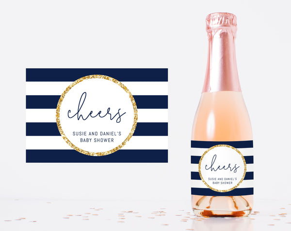Mini Champagne Bottle Label Template, Navy Stripes Favor Mini Champagne Sticker | Instant Download Editable Label Template, Templett, B03