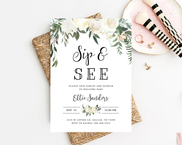 Editable Sip & See Invitation Template, Printable Floral Sip and See Invitation, Welcome Baby Invitation, Greenery, Templett