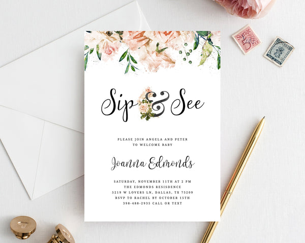 Editable Sip & See Invitation Template, Printable Floral Sip and See Invitation, Welcome Baby Invitation, Blush Flowers, Templett