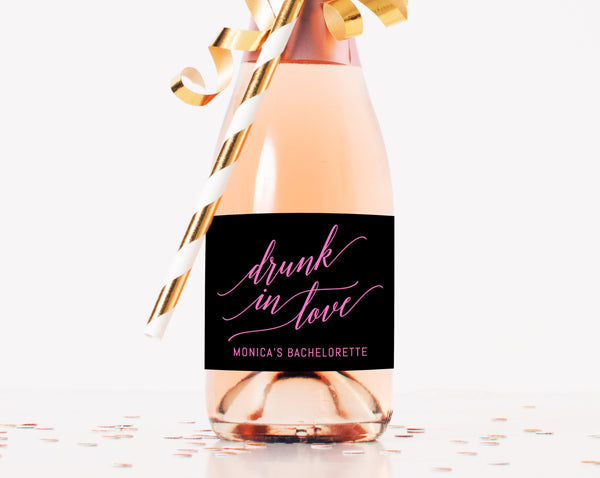 Mini Champagne Bottle Label Template, Drunk In Love Bachelorette Mini Champagne Sticker, Instant Download Editable Template, Templett