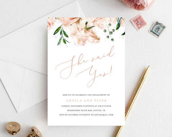 Blush Engagement Party Invitation Template, Printable Engagement Invitation, Floral Engagement Invite, Editable Template, Templett, W22