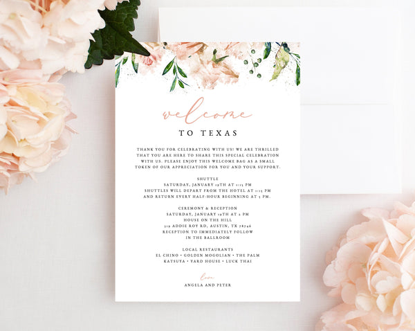 Welcome Letter Template, Wedding Itinerary Card, Blush Welcome Bag Letter, Wedding Agenda, Printable Hotel Welcome Note, Templett, W22