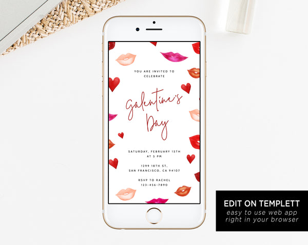 Galentine's Day Electronic Invitation Template, Mobile Galentines Party Invite, Valentines Phone Invitation, Editable Phone Invite, Templett