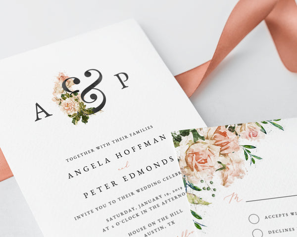 Wedding invitation template, Printable Wedding Invitation Suite, Blush Flowers Wedding Invitation Set, Floral Wedding, Templett, W22
