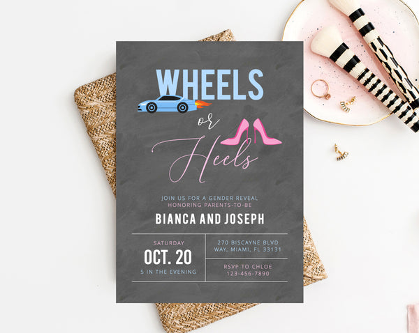 Wheels or Heels Gender Reveal Party Invitation Template, Heels or Wheels Gender Reveal Invite,  Boy or Girl Guess The Sex, Templett