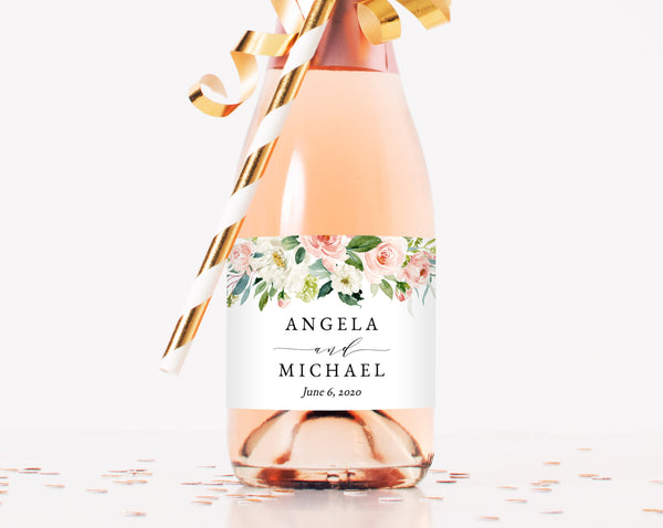 Mini Champagne Bottle Label Template, Blush Floral Wedding Mini Champagne Sticker, W29 | Instant Download Editable Template, Templett