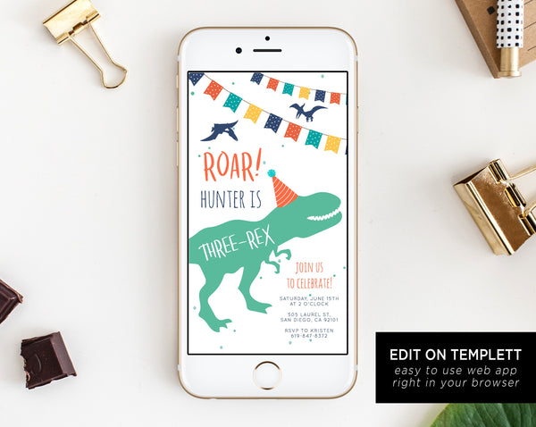 Dinosaur Birthday Electronic Invitation Template, Three-Rex Birthday Mobile Invite, T-Rex Phone Invitation, Instant Download, Templett, B12