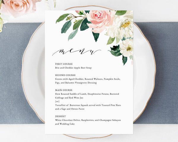 Wedding Menu Template, Printable Floral Menu, Editable Wedding Menu, Blush Wedding Menu, DIY Wedding Menu, Templett, Instant Dowload, W29