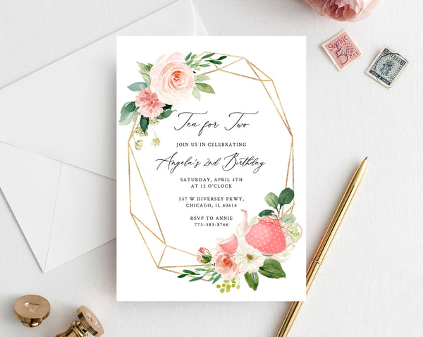 Tea For Two Birthday Invitation Template, Printable Tea Party Invitation, Gold and Pink Tea Party Birthday Invitation, Editable, Templett