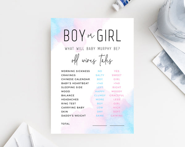 Old Wives Tales Template, Printable Gender Reveal Old Wives Tales Chart, Watercolor Boy or Girl Gender Reveal Game, Templett, B01