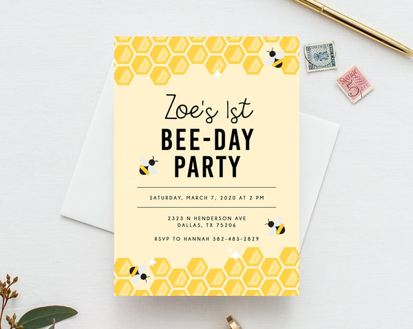 Bee Day Invite Template, Bumble Bee Birthday Invitation Template, Printable Bee Honeycomb Birthday Invitation, Instant Download, Templett