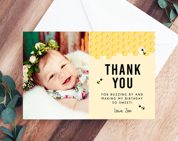 Bee Day Thank You Card Template, First Bee Day Thank You Photo Card, Bee Day Birthday Card, Instant Download, Templett