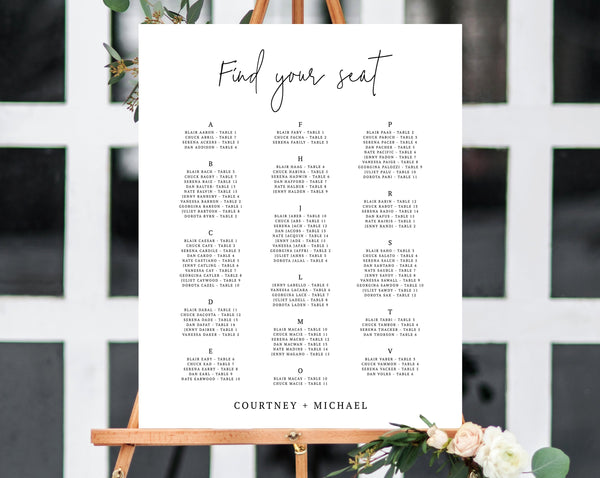 Alphabetical Wedding Seating Chart Template, Seating Chart Printable, Table Chart, Seating Board, Wedding Sign, Templett, W13