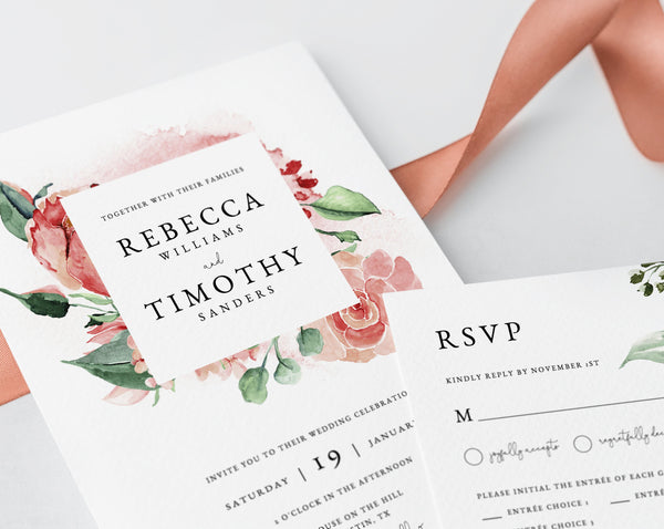 Wedding Invitation Template, Printable Wedding Invitation Suite, Watercolor Floral Wedding Invitation Set, Rose Greenery, Templett, W24