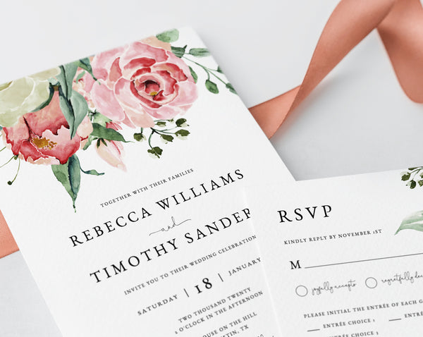 Wedding Invitation Template, Printable Wedding Invitation Suite, Watercolor Floral Wedding Invitation Set, Rose Greenery, Templett, W24B