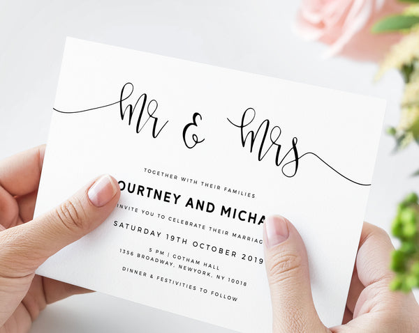 Mr & Mrs Wedding Invitation Template, Printable Wedding Invitation Suite, Modern Simple Wedding Invitation Set, Instant, Templett, W16