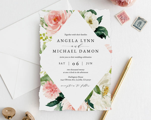 Wedding Invitation Template, Printable Wedding Invitation Suite, Blush Flowers Wedding Invitation Set, Floral Wedding, Templett, W29D