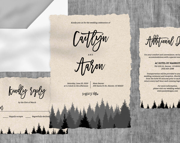 Forest Wedding Invitation Template, Woods Wedding Invitation Suite, Pine Trees Wedding Invitation Set, Instant Download, Templett, W09