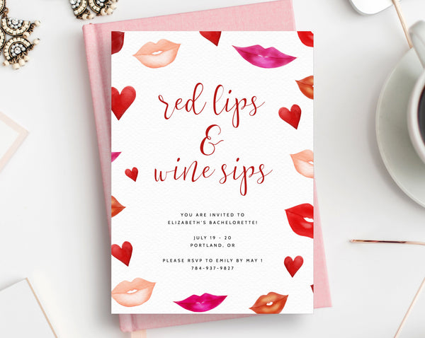 Red Lips and Wine Sips Bachelorette Invitation Template, Bachelorette Weekend Invitations, Instant Download, Templett