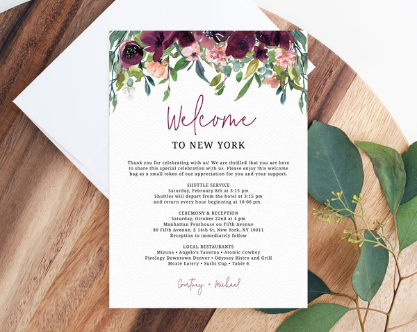 Burgundy Welcome Letter Template, Wedding Itinerary Card, Welcome Bag Letter, Wedding Agenda, Printable Hotel Welcome Note, Templett, W32