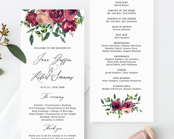 Burgundy Wedding Program Template, Printable Wedding Program, Editable Rose Wedding Program, Instant Download, Templett, W33