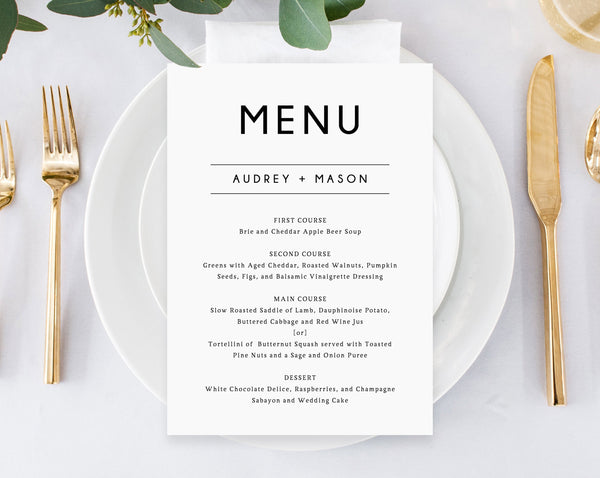 Wedding Menu Template, Printable Wedding Menu, Minimalist Wedding Menu, Simple Wedding Menu, DIY Menu, Instant Download, Templett, W25