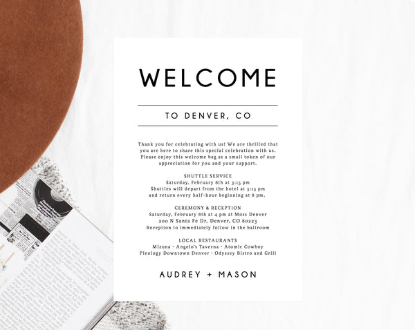 Welcome Letter Template, Wedding Itinerary Card, Welcome Bag Letter, Wedding Agenda, Printable Hotel Welcome Note, Templett, W25