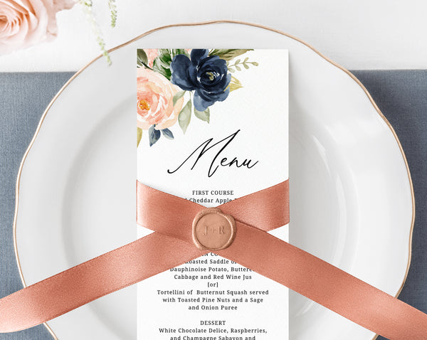 Navy & Blush Wedding Menu Template, Printable Floral Menu, Editable Wedding Menu, DIY Wedding Menu, Templett, Instant Dowload, W34