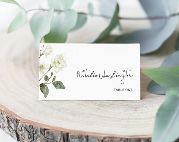 Magnolia Wedding Place Cards Template With Meal Choice Selection, White Floral Wedding Escort Cards, Printable, Templett, W35