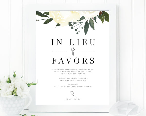 In Lieu of Favors Sign Template, Floral In Lieu of Favors Sign, Editable In Lieu of Favors Sign, Wedding Donation Sign, Templett, W19