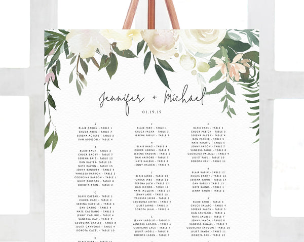 Wedding Seating Chart Template, Alphabetical Seating Chart, Greenery Wedding Seating Board, White Floral, Instant Download, Templett, W21