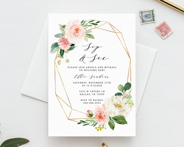 Editable Sip & See Invitation Template, Printable Floral Sip and See Invitation, Welcome Baby Invitation, Blush Flowers, Templett