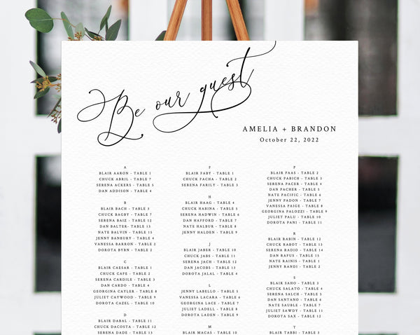 Be Our Guest Wedding Seating Chart Template, Table Chart Printable, Alphabetical Seating Chart Board, Wedding Sign, Templett, W30